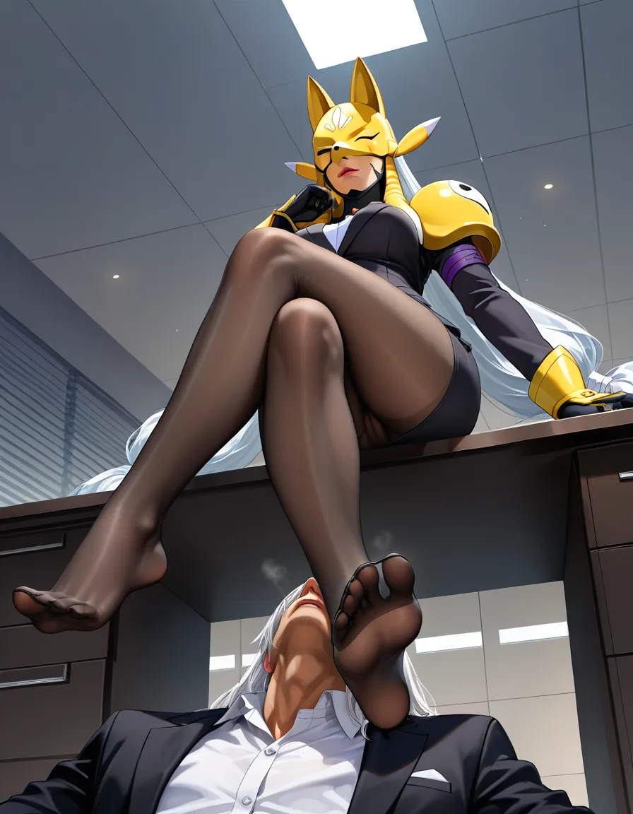 ultra detailed shading, masterpiece, clean art, highly_detailed, best_quality, hentai_studio_quality, realistic, sakuyamon, very_long_hair, white_hair, twintails, feet, femdom, office_lady, miniskirt, formal_clothes, cameltoe, sitting, crossed_legs , from_below, pantyhose, toes, feet, 1girl, pussy_juice, leaking_pussy, pov, footjot, foot_fetish, ejaculation, large_penis, cum, malesub, hentai_studio_quality, muscular_female, hentai_studio_quality