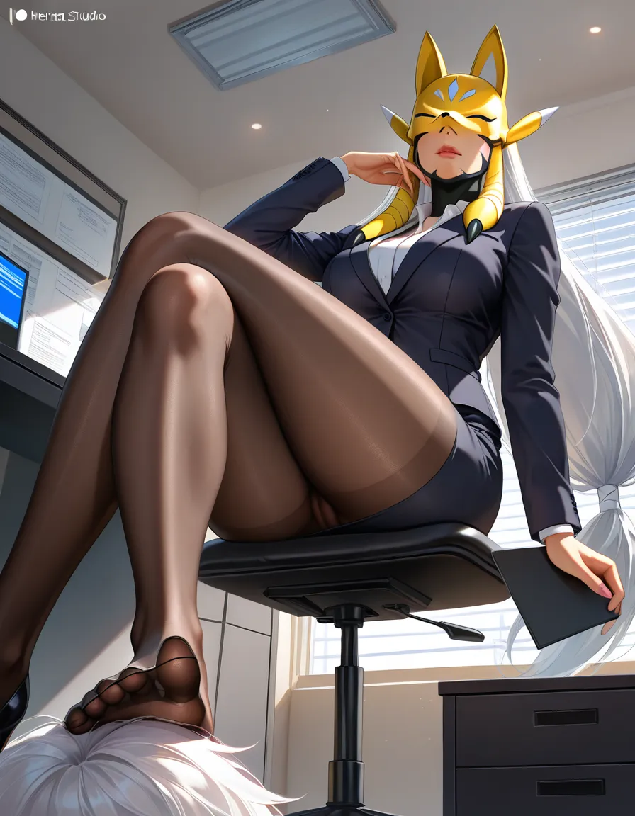 ultra detailed shading, masterpiece, clean art, highly_detailed, best_quality, hentai_studio_quality, realistic, sakuyamon, very_long_hair, white_hair, twintails, feet, femdom, office_lady, miniskirt, formal_clothes, cameltoe, sitting, crossed_legs , from_below, pantyhose, toes, feet, 1girl, pussy_juice, leaking_pussy, pov, footjot, foot_fetish, ejaculation, large_penis, cum, malesub, hentai_studio_quality, muscular_female, erection, penis, hentai_studio_quality