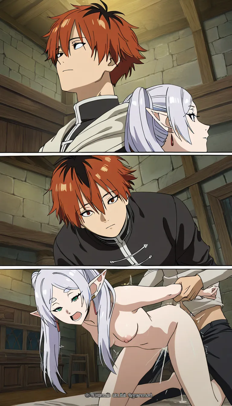 Masterpiece, best quality, ultra-detailed, high resolution, 8K, manga style, Frieren: Beyond Journey's End, official art style, manga panel layout, Stark and Methode, boy fucking woman, scene where the boy actively engages in sexual intercourse, bringing the woman to orgasm repeatedly until she reaches her limit, woman being ravished repeatedly over a long period, in the bedroom, motion lines, speed lines, sound effects, speech bubbles, Japanese text, hentai_studio_quality