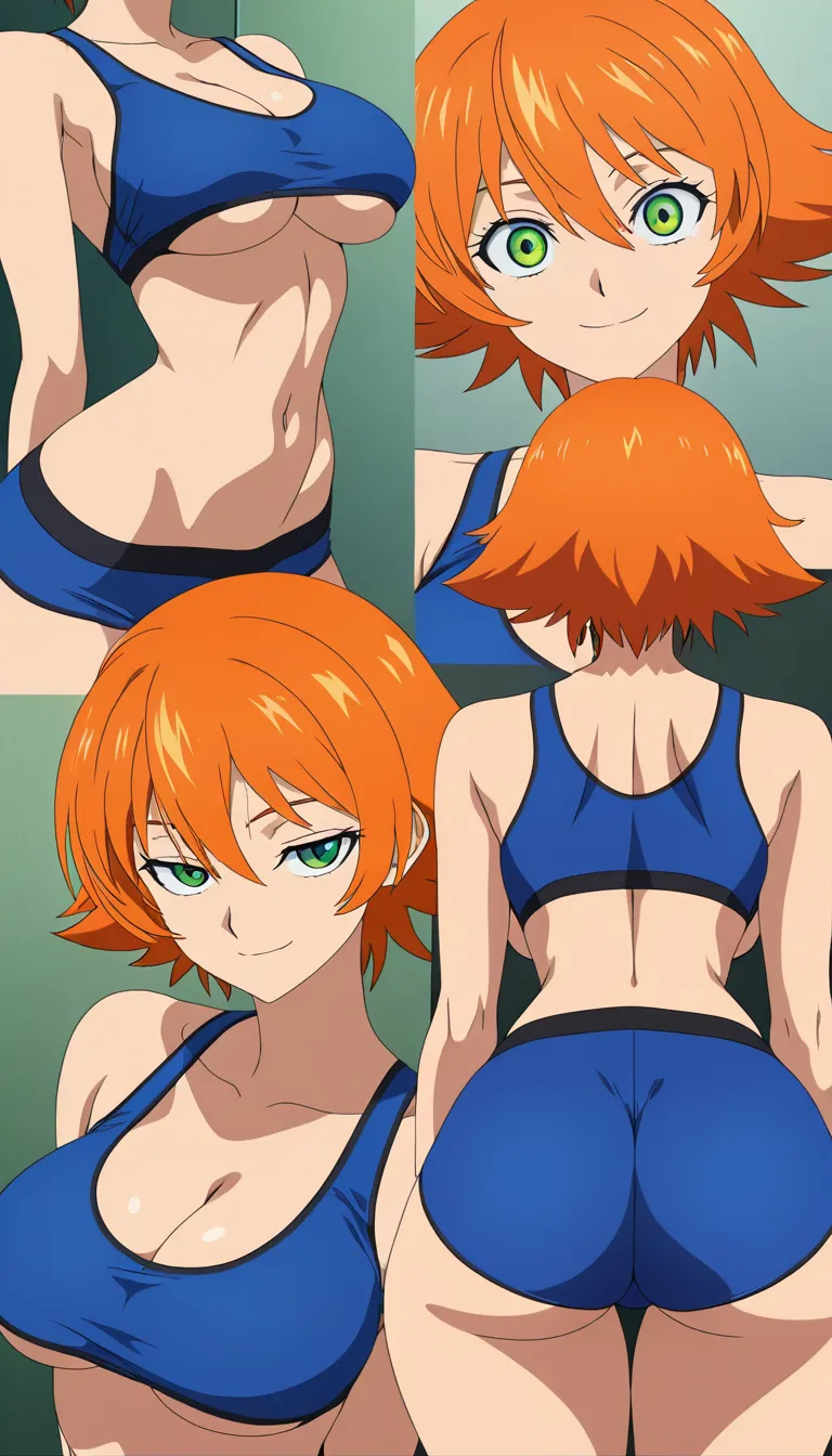 Long orange_hair, hyper big eyes, green eyes, seductive_smile, large_breasts, tiny waist, very skinny, wide hips, bubble butt, sports bra, cleavage, underboob, multiple_views, (anime style:1.3), 2d, anime screencap, cel shading, flat color