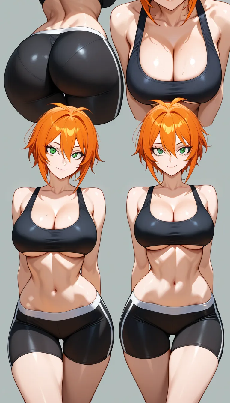 Long orange_hair, hyper big eyes, green eyes, seductive_smile, large_breasts, tiny waist, very skinny, wide hips, bubble butt, sports bra, cleavage, underboob, multiple_views, hentai_studio_quality