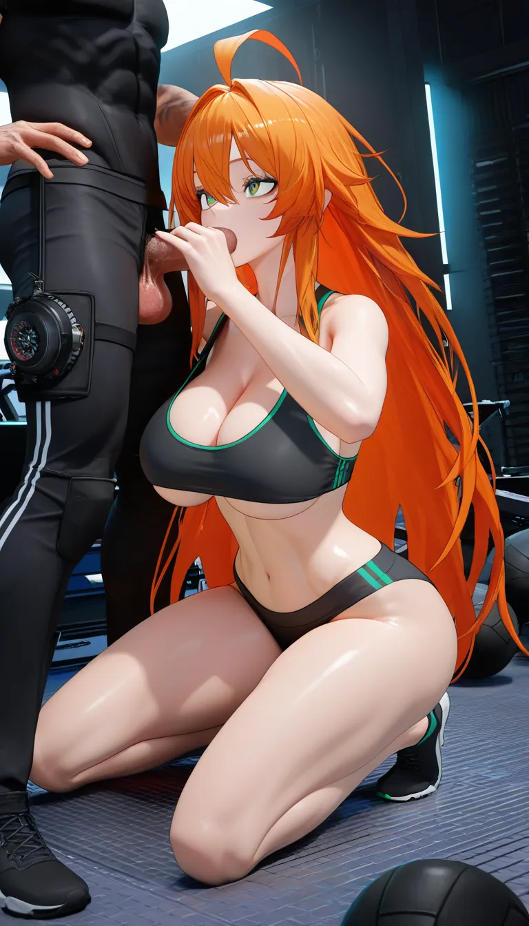 Long orange_hair, hyper big eyes, green eyes, seductive_smile, large_breasts, tiny waist, very skinny, wide hips, bubble butt, sports bra, cleavage, underboob, kneeling, fellatio, balls deep, 1girl, 1guy,, score_9, score_8, 3d render, octane render, subsurface scattering, ray tracing, smooth shading