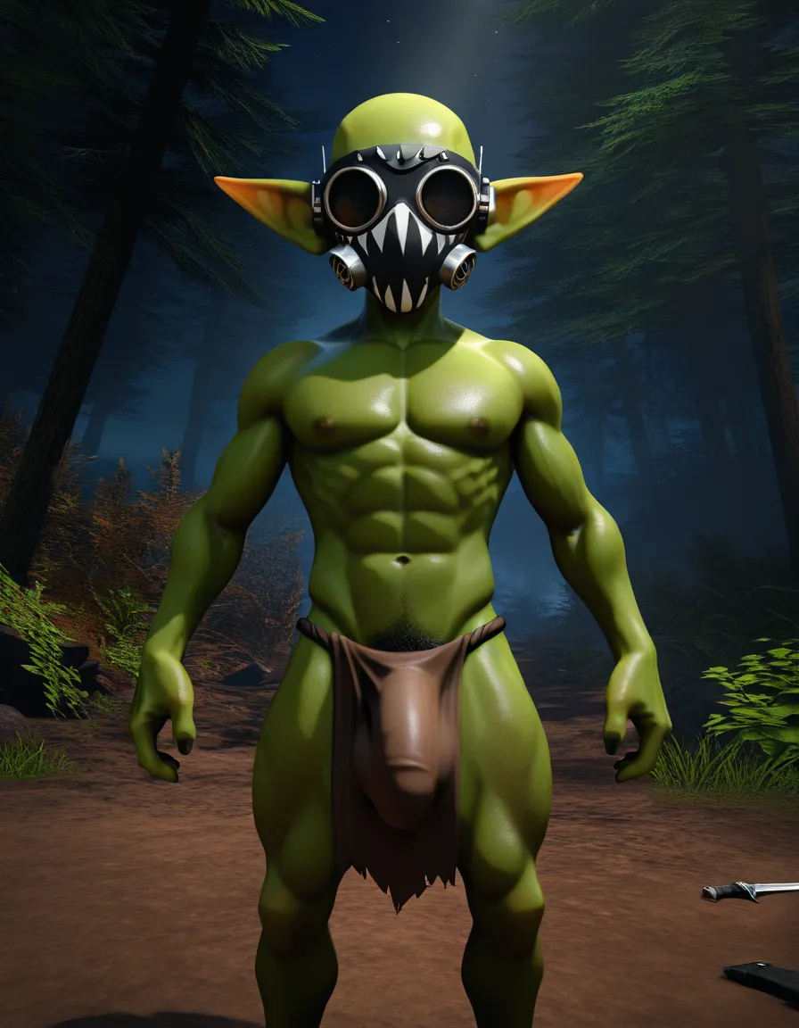 A small, green-skinned male goblin with a small loincloth revealing a large bulge; he is thin, bald, and has masculine features and pubic hair, and is holding a dagger in a forest at night, 3d, score_9, score_8, 3d render, octane render, subsurface scattering, ray tracing, smooth shading