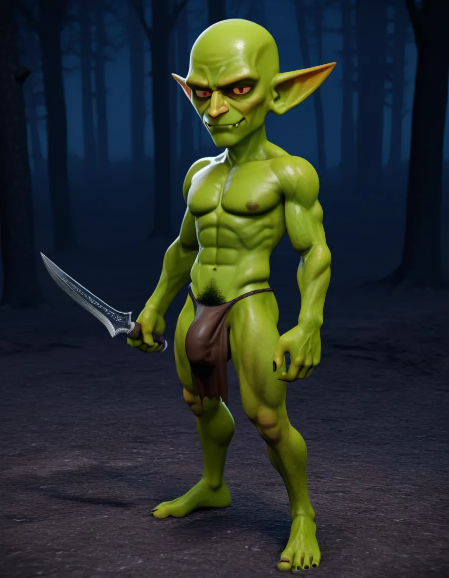A small male green-skinned goblin in a small loincloth with a large bulge, holding a dagger in a forest at night; the goblin is very masculine, bald, and has masculine features and pubic hair, but is skinny and lacks muscle definition; 3D style., score_9, score_8, 3d render, octane render, subsurface scattering, ray tracing, smooth shading