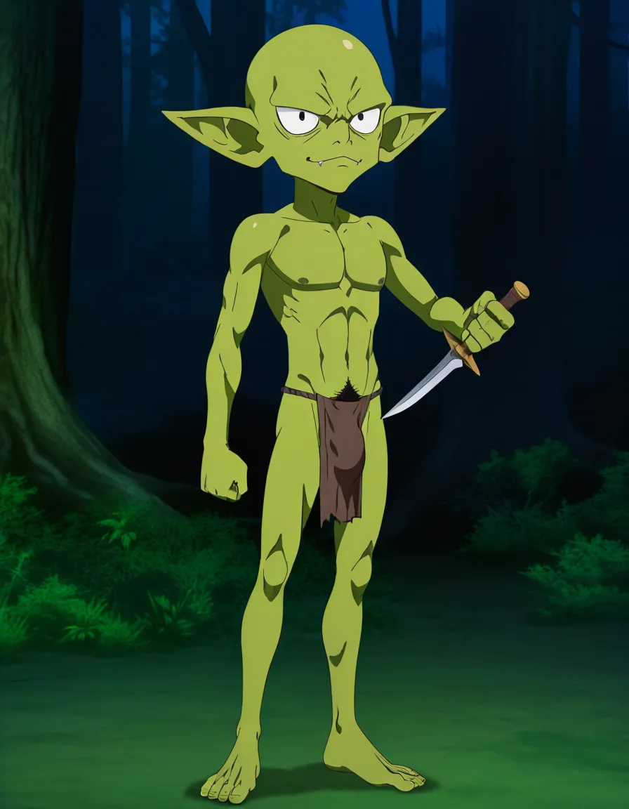 A small male green-skinned goblin in a forest at night, holding a dagger; he is bald with masculine features, completely skinny and lacking muscle, and wears a small loincloth with a large bulge; he is very masculine and has pubic hair; 3D style., (anime style:1.3), 2d, anime screencap, cel shading, flat color, @00osamio00
