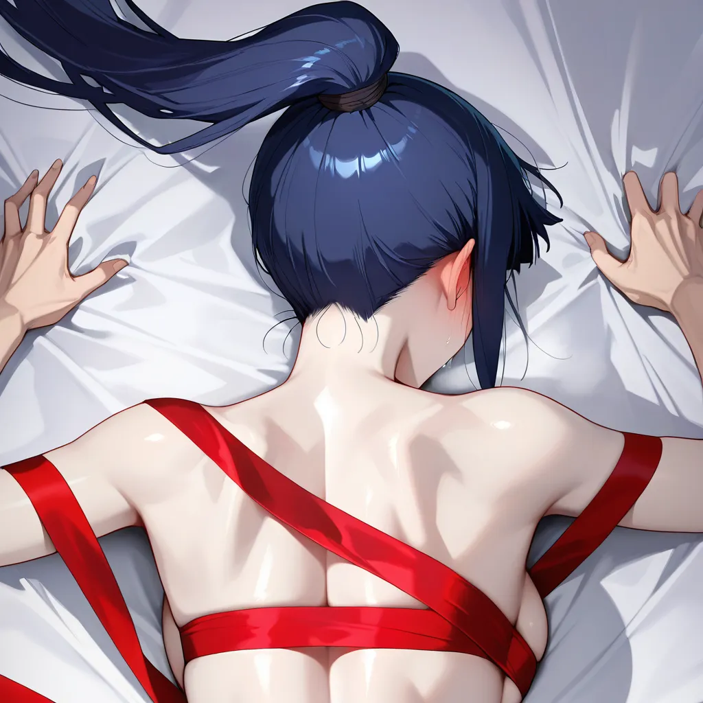 @hyuuga_hinata, full-body shot, missionary position. Hinata Hyuga (pale skin, pale blue eyes, long straight lavender-blue hair tied in a high ponytail with a red ribbon) is lying on her back on a white sheet, eyes wide and glazed with pleasure, mouth open in a silent moan, cheeks flushed pink. Her large breasts are heaving, nipples erect. Her legs are spread wide, knees bent. A muscular man with dark black skin and a large, thick, veined black penis is thrusting into her. The penis is fully inserted, visible at the base, causing her vaginal lips to stretch. Hinata’s hands are gripping the sheets, fingers knuckles white. Detailed anatomy: visible pubic hair on Hinata, visible testicles, realistic skin texture, sweat droplets on skin. Soft, warm bedroom lighting, 8k, ultra-realistic, anime-style realism, explicit., (anime style:1.3), 2d, anime screencap, cel shading, flat color