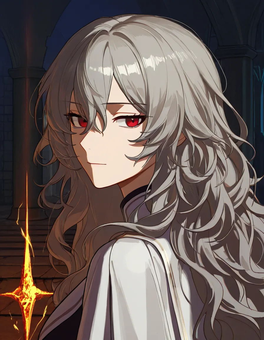 A 26-year-old noblewoman in her eighth month of pregnancy standing in a sunlit stone castle corridor, full-body portrait, three-quarter view looking back over her shoulder with a dry, unimpressed half-smile. Long wavy hair in deep ember red, like banked coals, darker at the roots and glowing copper at the ends, loosely pinned with a few strands falling free. Pale gray eyes with a faint warm gold reflection, as if catching firelight. Fair skin with delicate patches of fine metallic scales in oxidized bronze with hints of verdigris, tracing along her collarbone, shoulder blades, and the side of her rounded belly. She wears a form-fitting emerald green silk halter cowl neck mini dress ending at mid-thigh, with a deep plunging draped cowl front showing generous cleavage and a fully open back, the fabric hugging her pregnant curves, subtle gold thread at the hem. One hand rests on her belly, the other holds a half-eaten honey cake. Warm afternoon light through tall arched windows, dust motes in the air, soft rim light on her hair, skin, and scales. Fantasy court atmosphere, rich jewel tones, painterly digital illustration, detailed, soft shading, cinematic composition., (anime style:1.3), 2d, anime screencap, cel shading, flat color