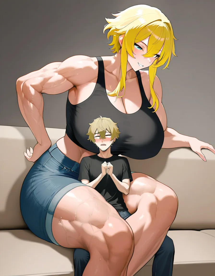 femdom, Giant muscular_female, petite man stubble, adults, big size_difference, huge height_difference, female blonde_hair short_hair_with_long_locks , female sitting on_couch, sitting_on_lap male, male legs_up, shirt, female crop_top denim_shorts , assertive_female , dominant female looking_at_another, male sitting_on_lap, intimate, teasing, nervous blush male looking_up , female leaning_back , male sitting_on_lap, male black medium_hair, female abs, female big biceps, female big shoulders, female thick_thighs, female huge_ass, female wide_hips, huge_breasts, gigantic tall female, bulging nipples, male sitting_on_lap , male cowgirl_position, male legs_up, male bulge, male narrow_waist, lightweight male, domination, eye_contact, hentai_studio_quality