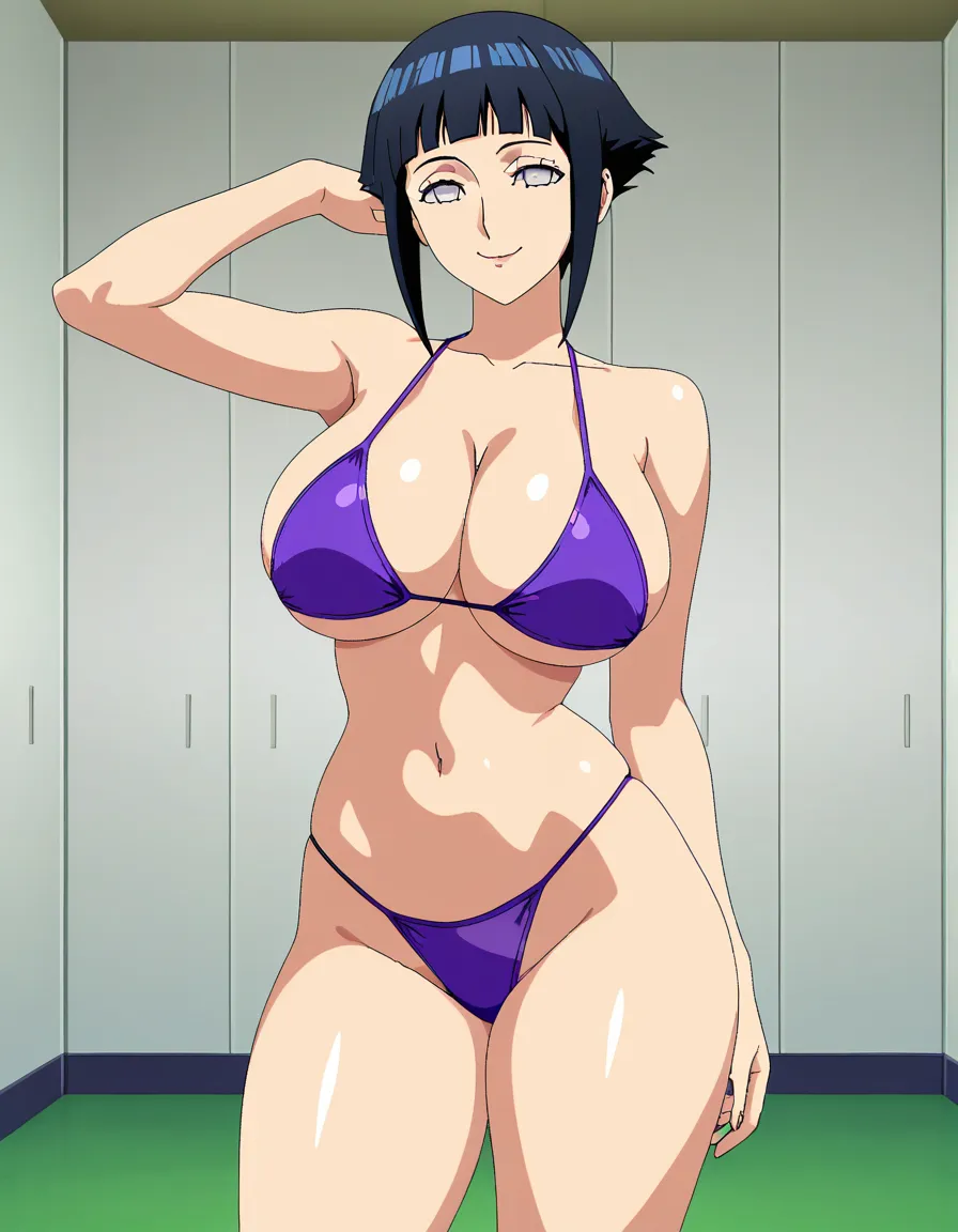 best quality, very aesthetic, @hyuuga_hinata as a Swim coach, bikini_top_only , pixel_art , thick_thighs wide_hips , mature_female , very curvy body, narrow_waist , naughty_face, hentai_studio_quality, (anime style:1.3), 2d, anime screencap, cel shading, flat color