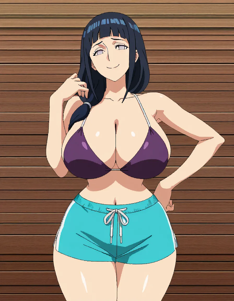 best quality, very aesthetic, @hyuuga_hinata as a Swim coach, bikini_top_only , pixel_art , thick_thighs wide_hips , mature_female , very curvy body, narrow_waist , naughty_face, hentai_studio_quality, (anime style:1.3), 2d, anime screencap, cel shading, flat color, (anime style:1.3), 2d, anime screencap, cel shading, flat color, @00osamio00