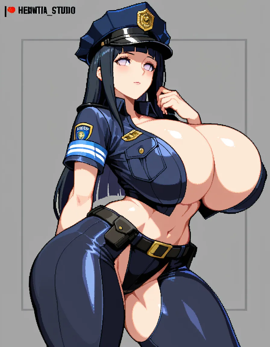 best quality, super aesthetic, @hyuuga_hinata curvy mature_female , working as a police officer, huge_breasts , pixel_art ,tight_clothes , indecent girl,no bra , wide_hips, hentai_studio_quality, hentai_studio_quality