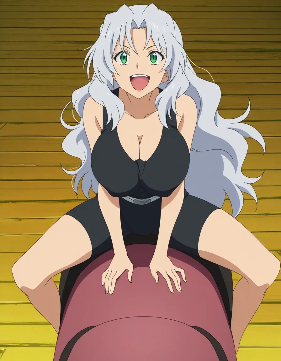 Silver hair, big boobs, laughing, riding, green eyes, wavy long hair,, (anime style:1.3), 2d, anime screencap, cel shading, flat color