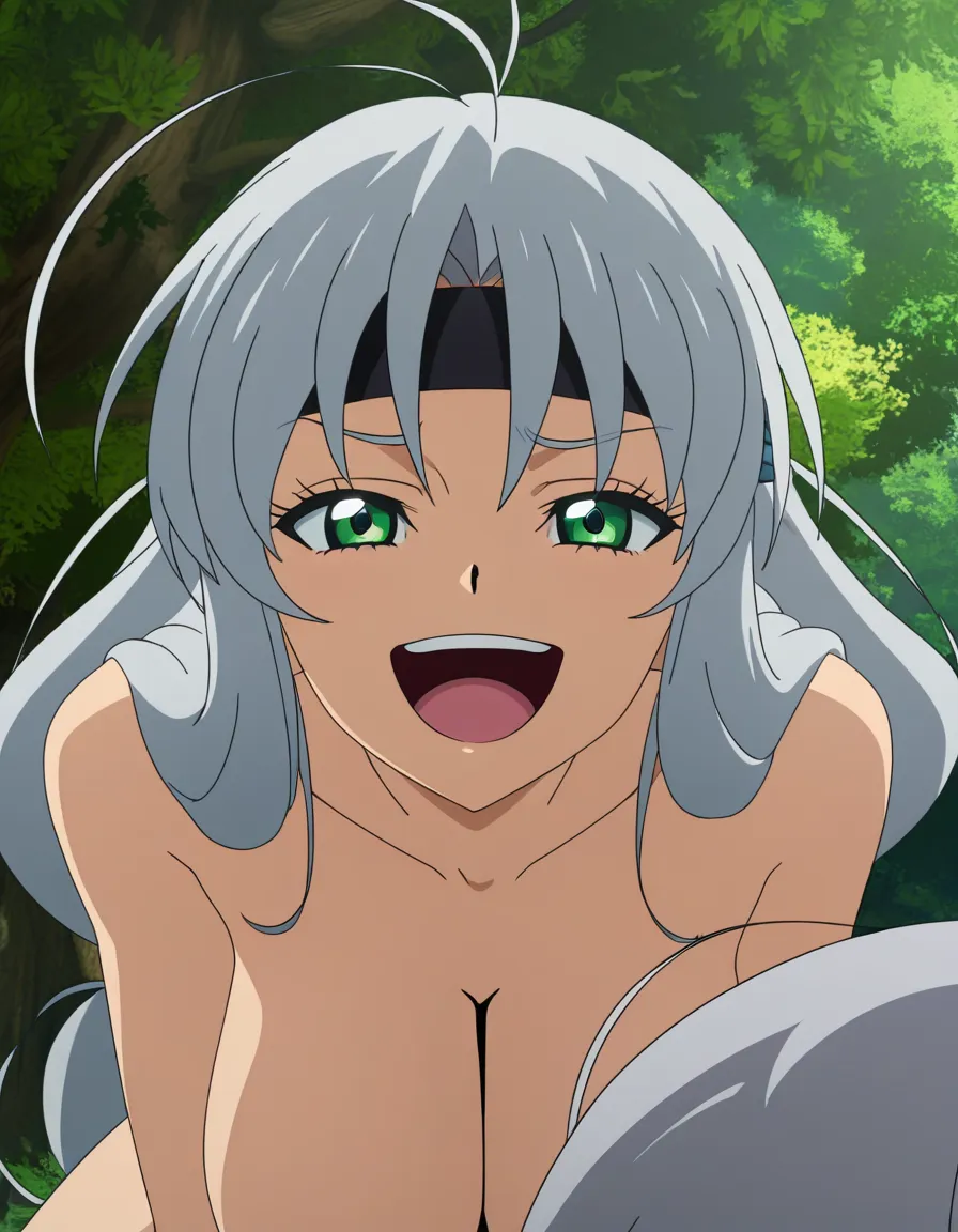 Silver hair, big boobs, laughing, riding, green eyes, wavy long hair,, (anime style:1.3), 3d, anime, hair wraps around head and flows on shoulders, pong eyelashes, (anime style:1.3), 2d, anime screencap, cel shading, flat color
