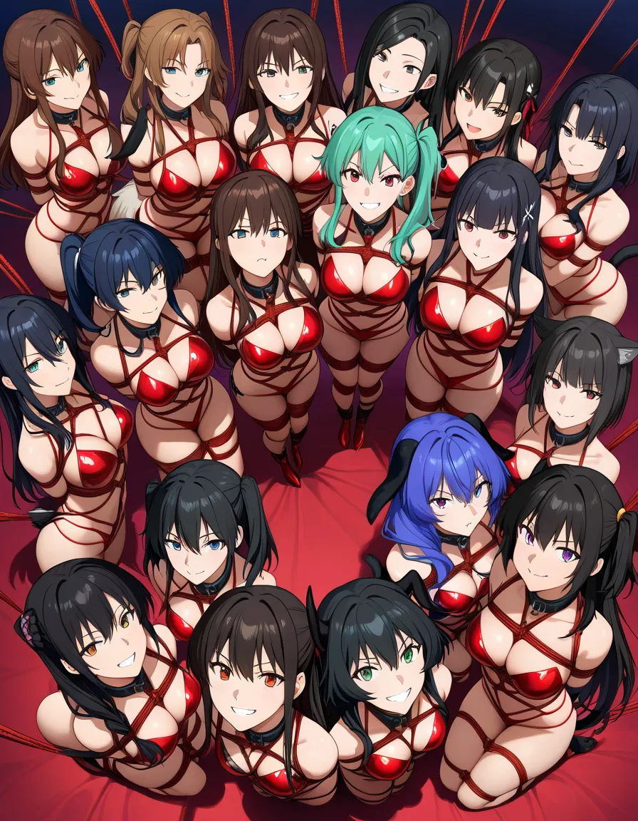 absurdres, highres, 6+girls, tail, bondage, teasing grin, from above, vivid anime colors, hentai_studio_quality