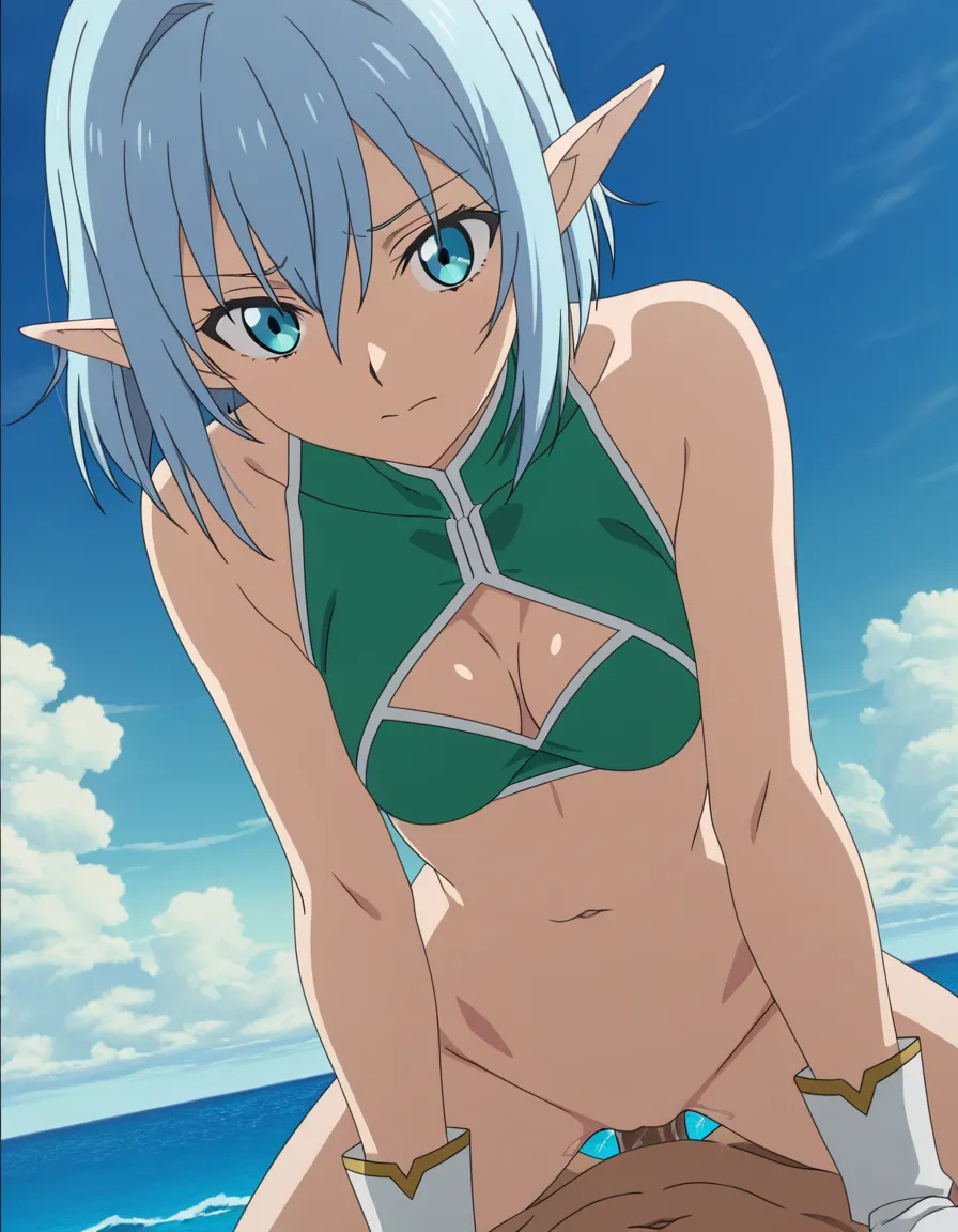 best quality, polished, elf girl, navel, white gloves, anal sex, ocean, anime doggystyle, (anime style:1.3), 2d, anime screencap, cel shading, flat color