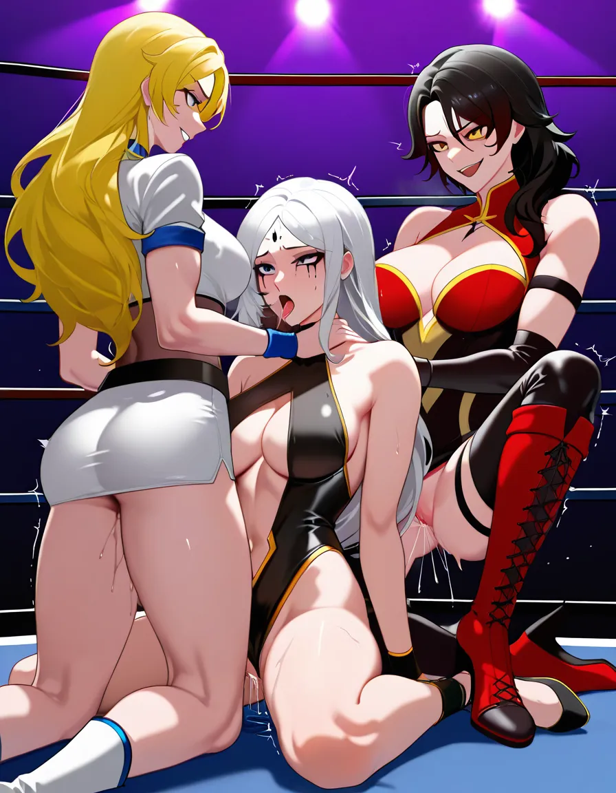 (Salem_(rwby)-white_hair_evil_smile), center_opening (@sailor_venus-blonde_hair-giving_oral_fellatio long_hair terrified runny_makeup) , cinder_fall_(rwby)_black_hair naughty_face , 3girls yuri sex , wrestling_ring, wrestling orgasm pussy_juice, defeated, squirting , bruised, nude from_side sweat strap-on vaginal, spitroast_position all_fours kneeling, strap-on oral fellatio , head_grab,, scratches, @sailor_venus skindentation,,,, hentai_studio_quality, hentai_studio_quality, hentai_studio_quality