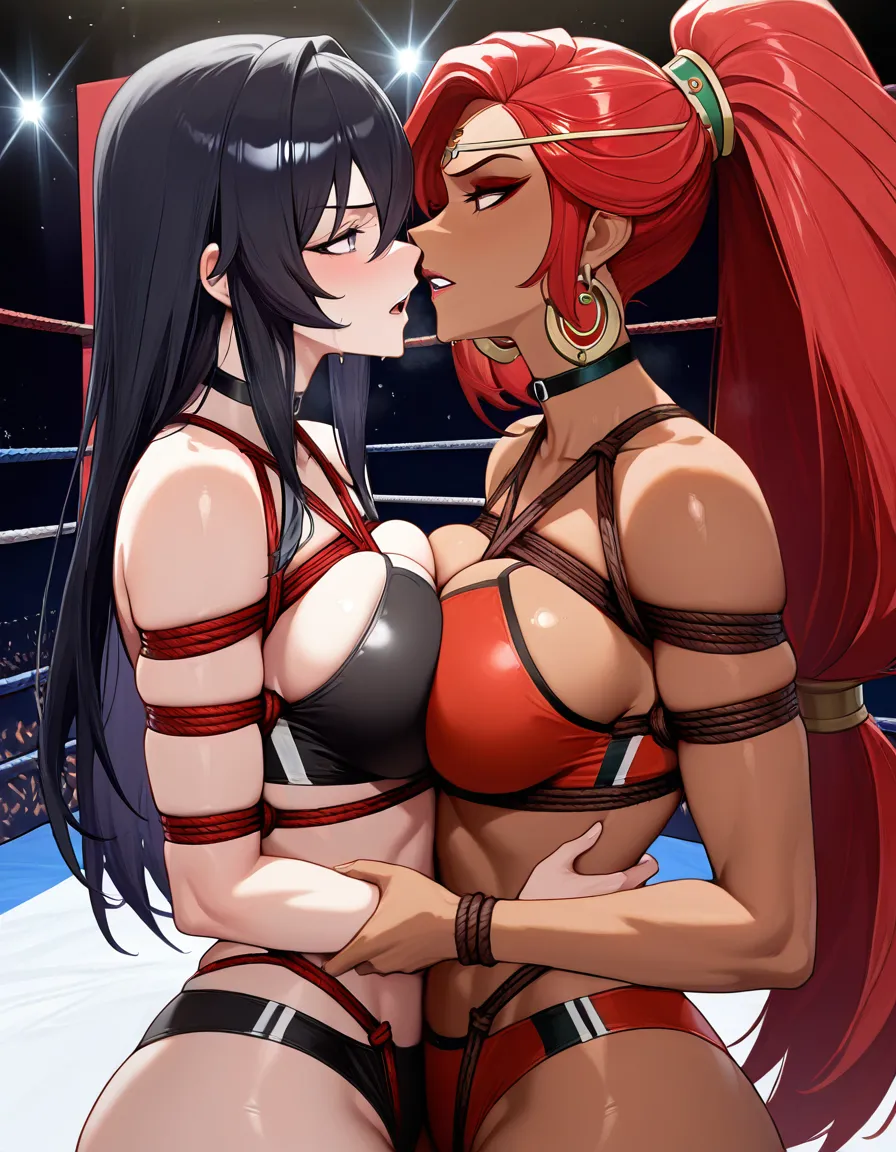 2girls , shibari , Best_quality, ultra_detailed, @zentreya_(vtuber) , @urbosa , yuri sex ,wrestling_ring breast_press eye_contact wrestling , mean_expression,, from_side, hentai_studio_quality, hentai_studio_quality