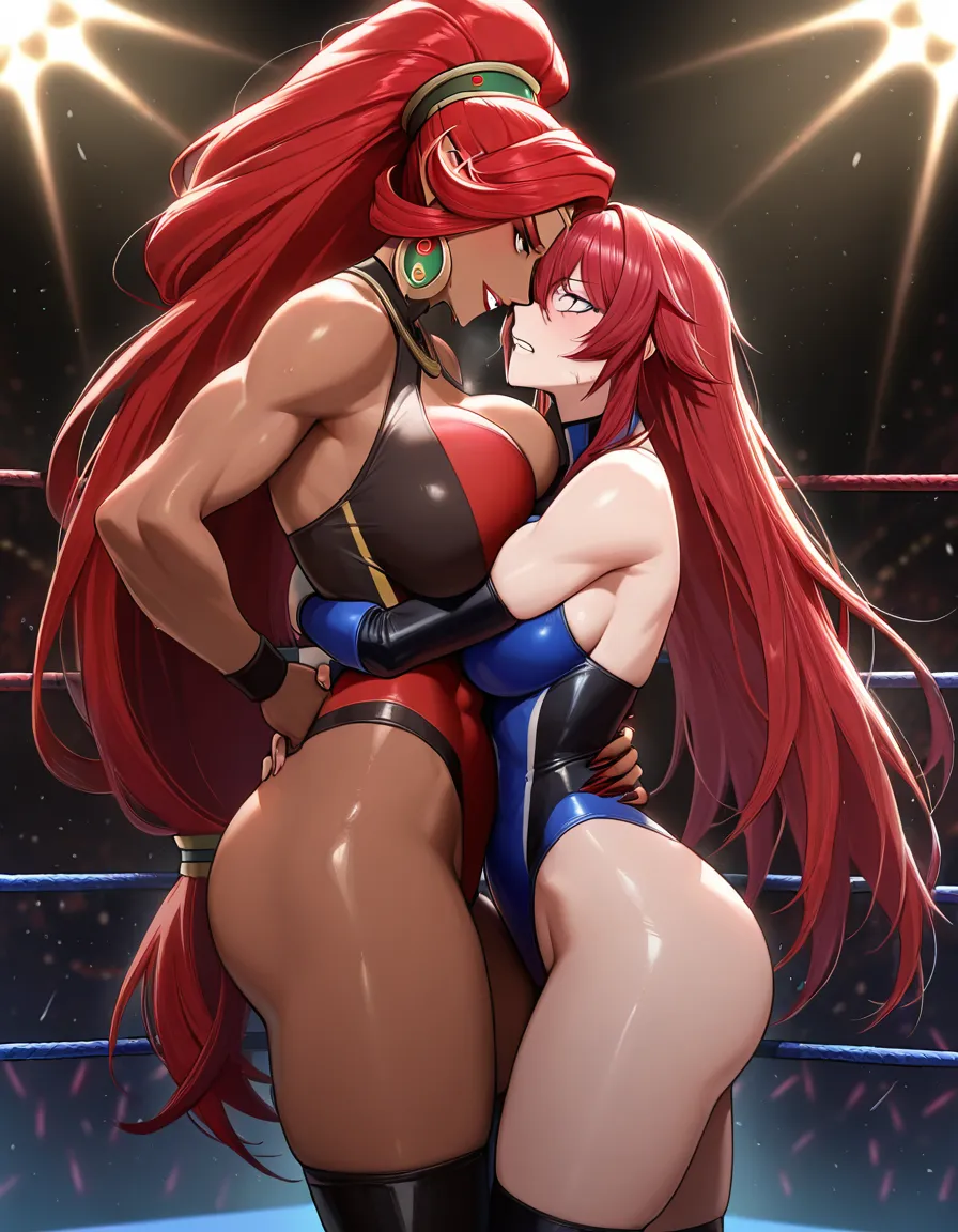 2girls , Best_quality, ultra_detailed, @zentreya_(vtuber) , @urbosa , yuri sex ,wrestling_ring breast_press eye_contact wrestling , mean_expression,, from_side, standing, hentai_studio_quality, hentai_studio_quality