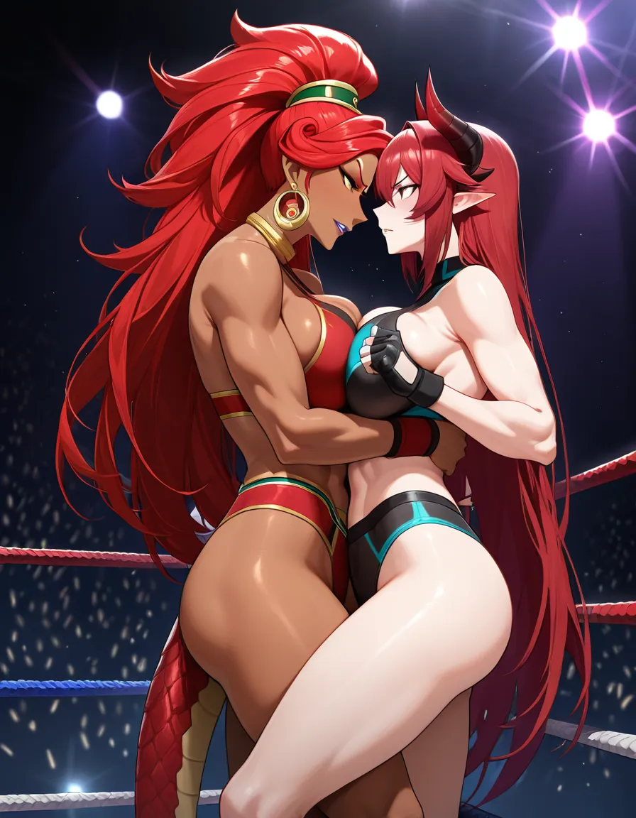 2girls , Best_quality, ultra_detailed, red_hair @zentreya_(vtuber)-dragon_horns , @urbosa , yuri sex ,wrestling_ring breast_press eye_contact , determined_expression,, from_side, standing,,,, hentai_studio_quality