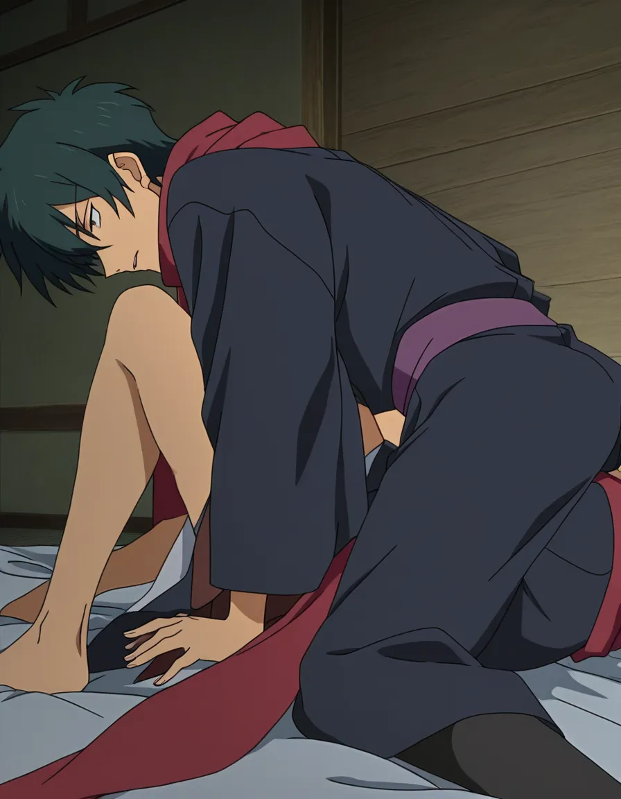 ultra detailed shading, couple, scarf, japanese clothes, 69 position, bed sheet, lustful eyes, anime full_body, (anime style:1.3), 2d, anime screencap, cel shading, flat color, @00osamio00