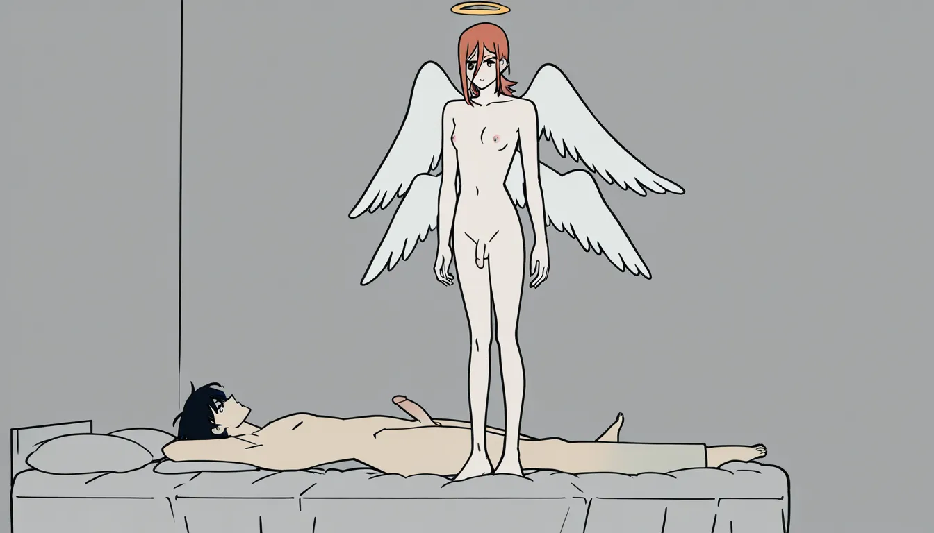 (chainsaw_man_style), tatsuki_fujimoto_style, angel_devil_(chainsaw_man),
1femboy with pale skin and standing penis, long_red_hair, angel_wings, halo, on_bed, otoko_no_ko, gay, anal_penetration,, interracial anal sex with black male, thigh_grab
big_black_cock, smirk_drooling, penis, erection, missionary, pov. feets_up, gay_sex, yaoi, male_only
anal grip
1