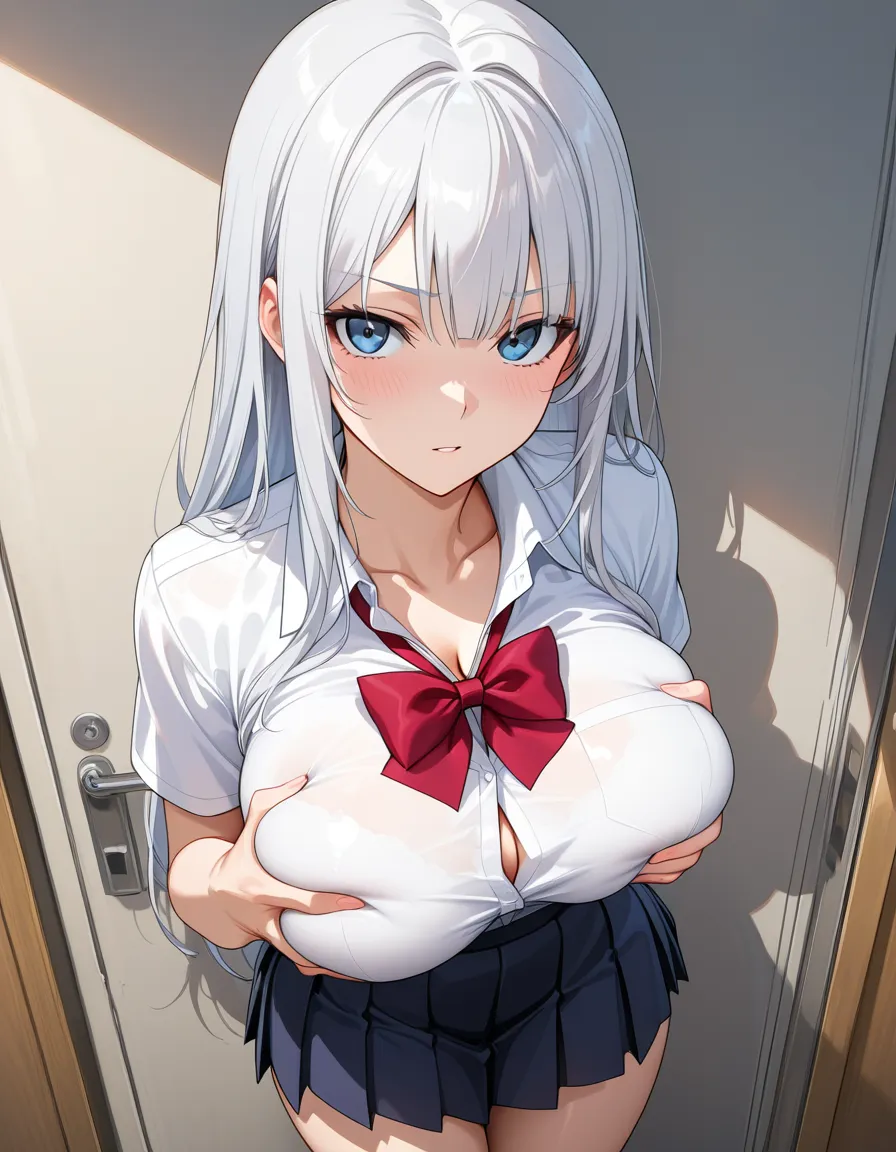 girl blue_eyes white_hair large_breasts school_uniform skirt grabbing_own_breast, hentai_studio_quality clothed, hentai_studio_quality