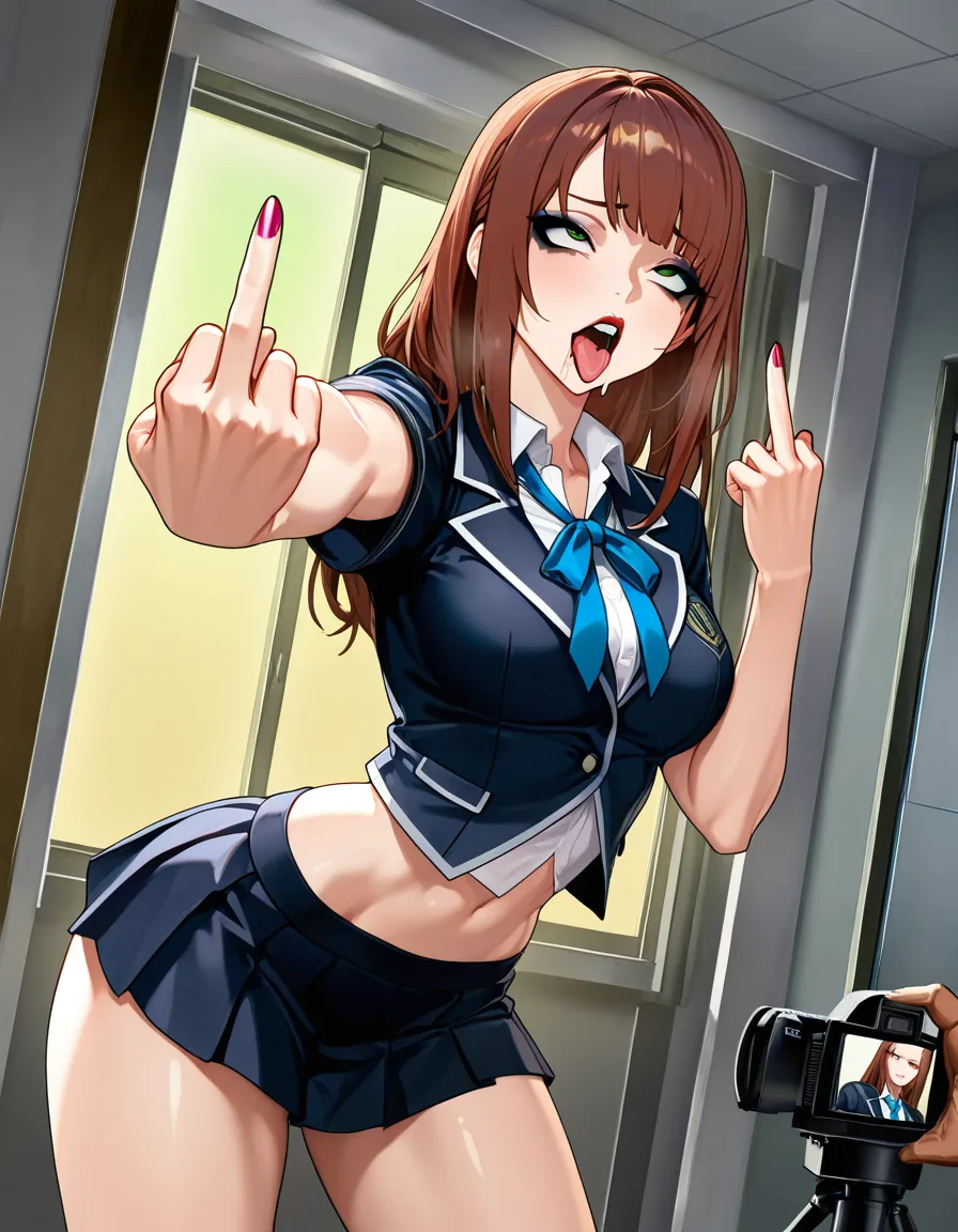 ultra detailed shading, hentai_studio_quality, 1girl ,brown_hair , green_eyes , school_uniform , miniskirt , medium_breasts , bubble butto, sexy pose, showing middle finger to camera, heavy makeup , ahegao , drooling,, hentai_studio_quality