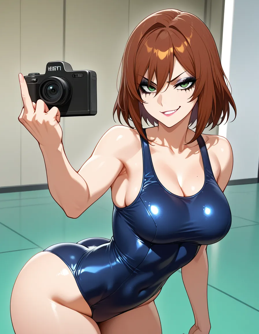 ultra detailed shading,, 1girl ,brown_hair , green_eyes, school_swimsuit, medium_breasts , bubble butt, sexy pose, showing middle finger to camera, heavy makeup , smirk,, hentai_studio_quality
