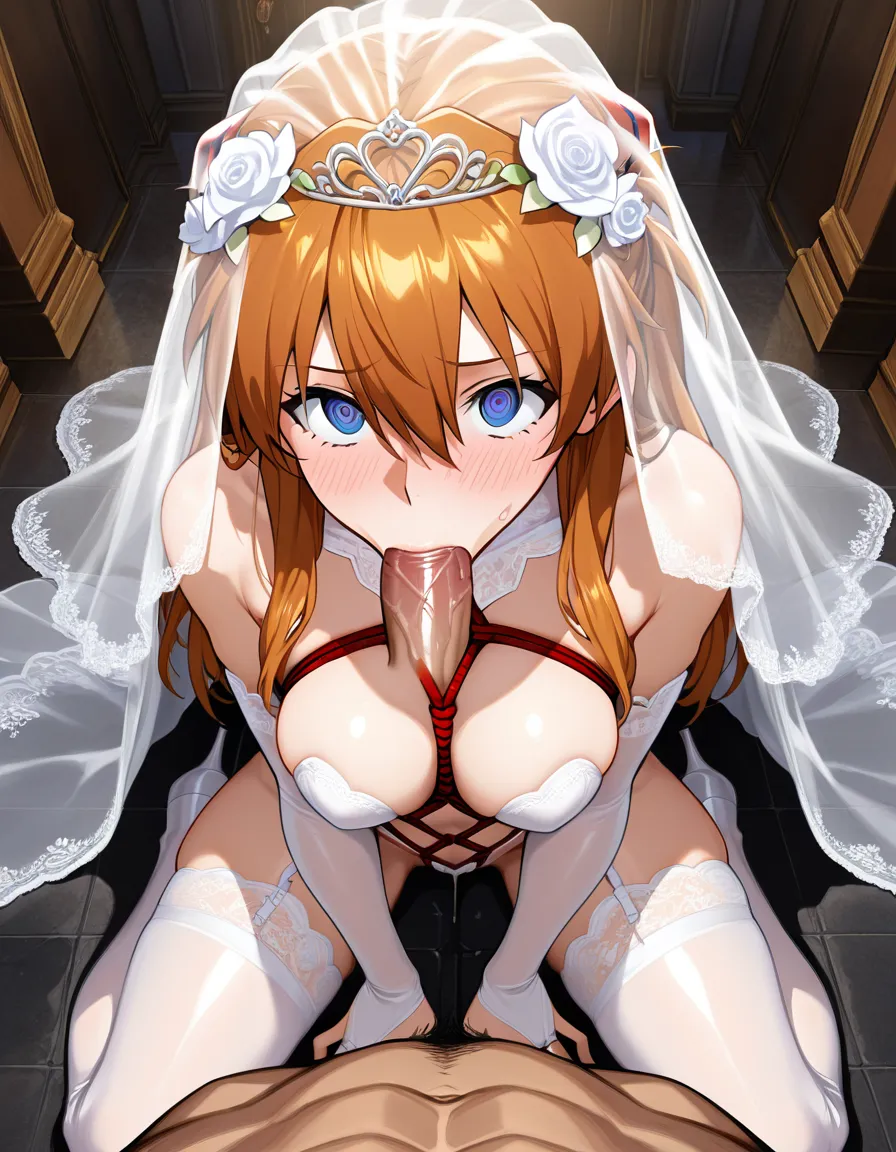 /masterpiece /ultra_detailed /highres @souryuu_asuka_langley #shibari #@_@ #fellatio #revealing_clothes #wedding_dress #bridal_gauntlets #bridal_veil #public_indecency #kneeling, hentai_studio_quality