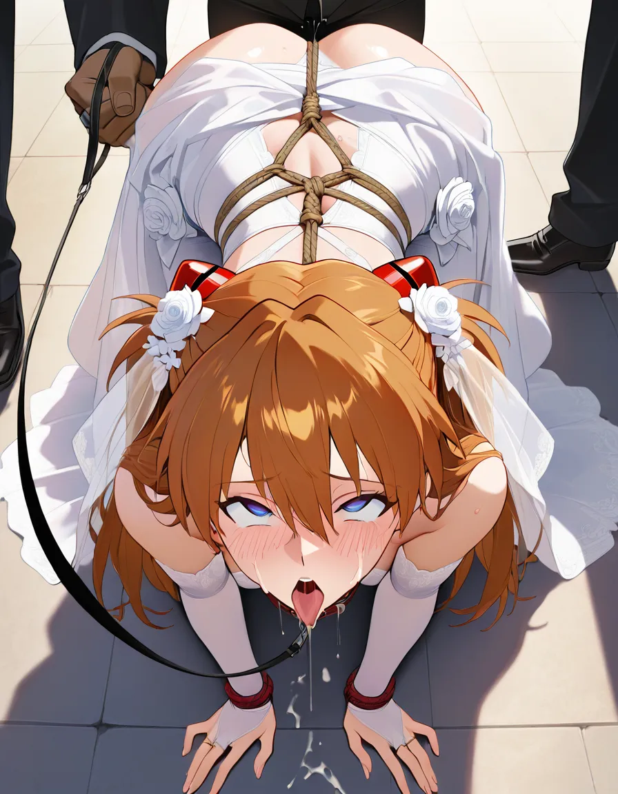 /masterpiece /ultra_detailed /highres @souryuu_asuka_langley #shibari #@_@ #skirt_lift #revealing_clothes #wedding_dress #bridal_gauntlets #bridal_veil #public_indecency #bent_over #kneeling #looking_up #ahegao #facial #collar #leash, hentai_studio_quality