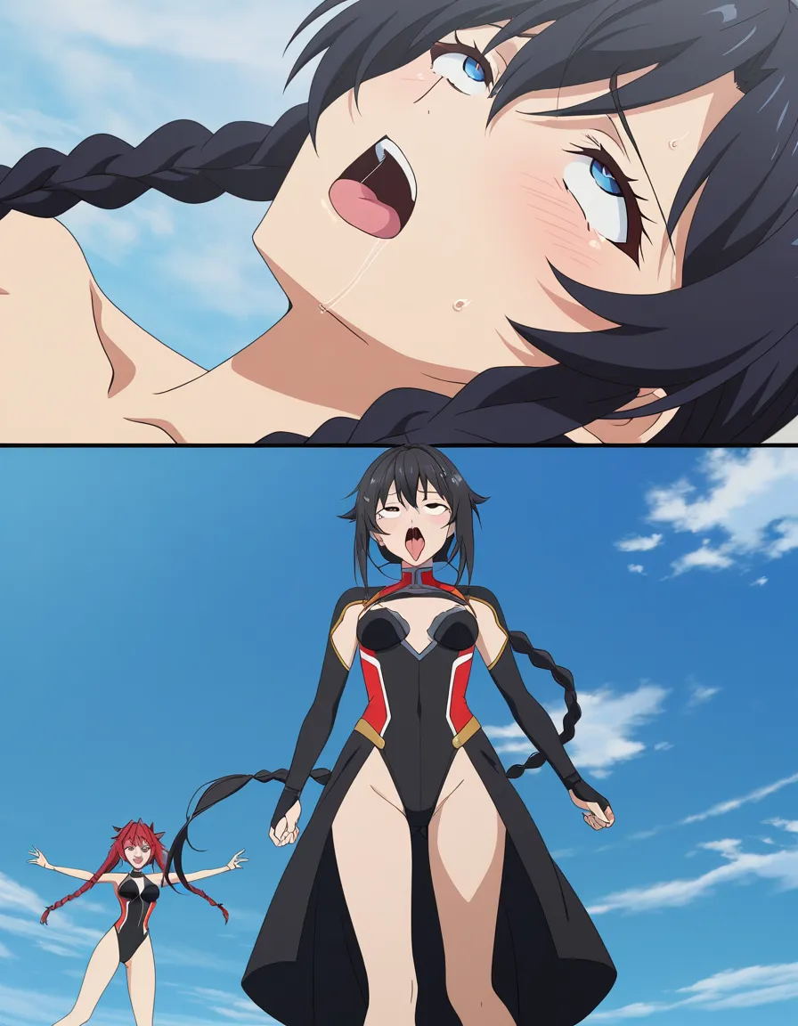 masterpiece, fine detail, 3girls, ahegao, feet out of frame, twin braids, blue sky, eroge aesthetic, (anime style:1.3), 2d, anime screencap, cel shading, flat color