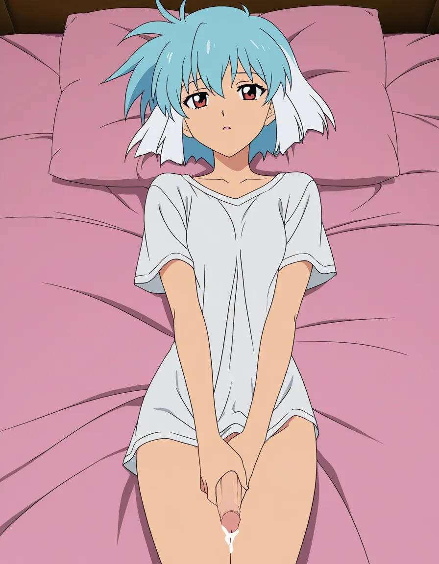 futanari , small_breasts , cum , blue_hair , white_hair , naked_shirt , bed, (anime style:1.3), 2d, anime screencap, cel shading, flat color