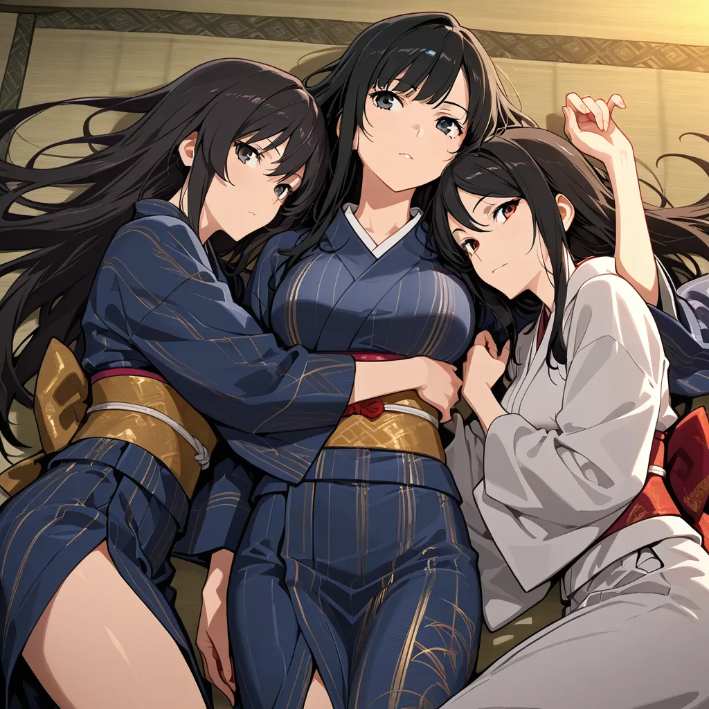 masterpiece, best quality, 3girls, japanese clothes, spooning, smoldering look, detailed shading