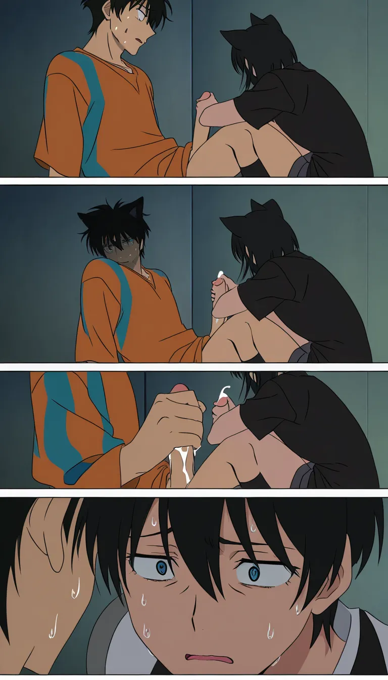 nervous orange cat girl giving an overconfident black haired cat boy a Handjob, nervous sweating, cumdrip, on knees, comic, (anime style:1.3), 2d, anime screencap, cel shading, flat color, @00osamio00
