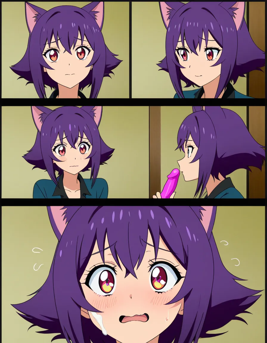 purple_hair, cat_girl, dildo, cum, nervous, cute, loving, comic, (anime style:1.3), 2d, anime screencap, cel shading, flat color, @00osamio00