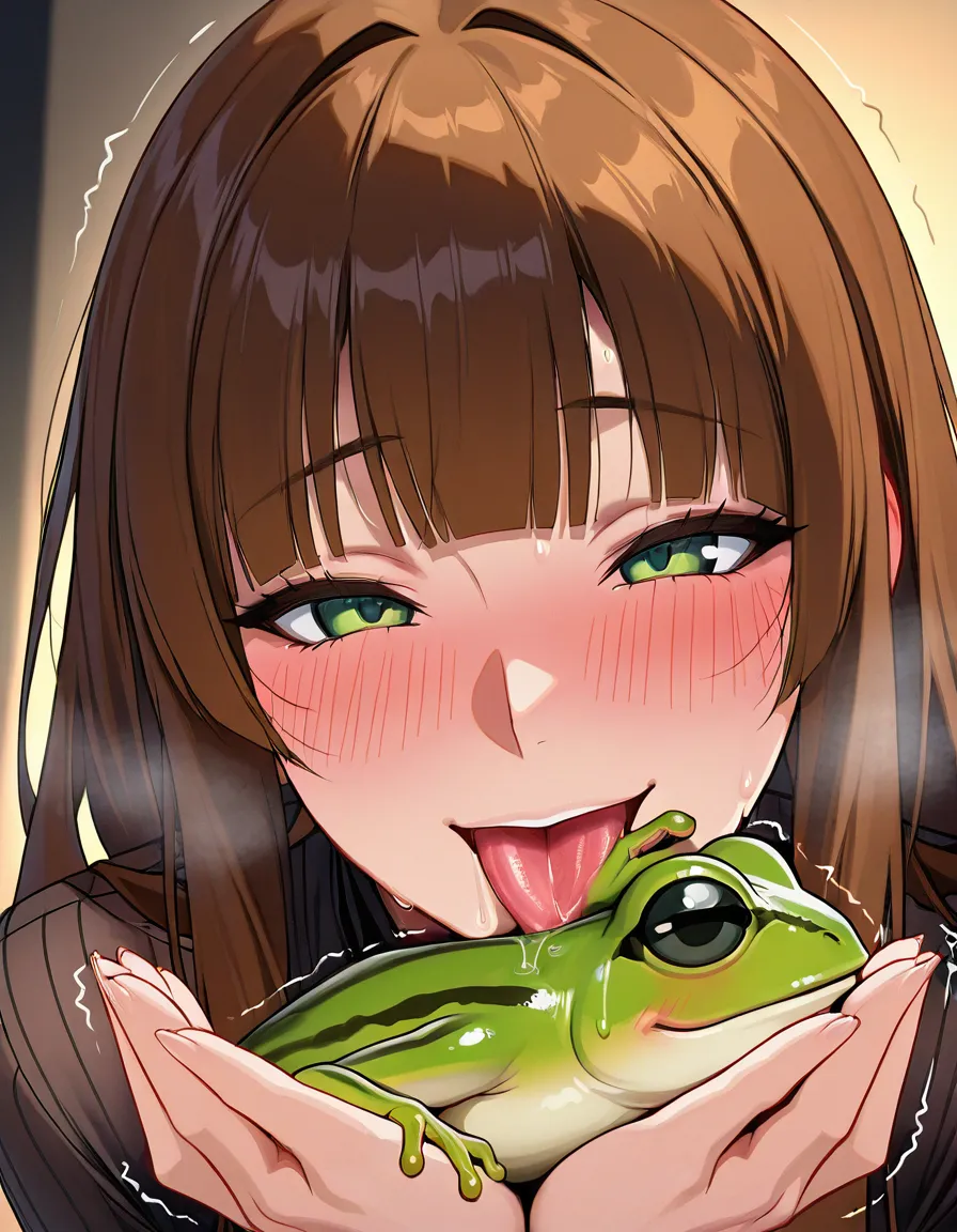 green_eyes blunt_bangs brown_hair long_hair mature_female, blushing, trembling, drooling, tongue_out, seductive_smile, smiling wickedly, nervous_sweating, heavy_breathing, holding a frog in her hands and licking it, hentai_studio_quality, hentai_studio_quality