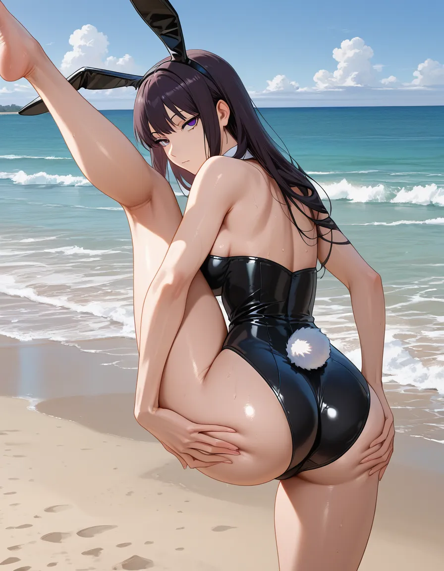 professional photo, high detail, bunny girl, leg up, toes, beach, lustful eyes spreading ass but plug, hentai_studio_quality