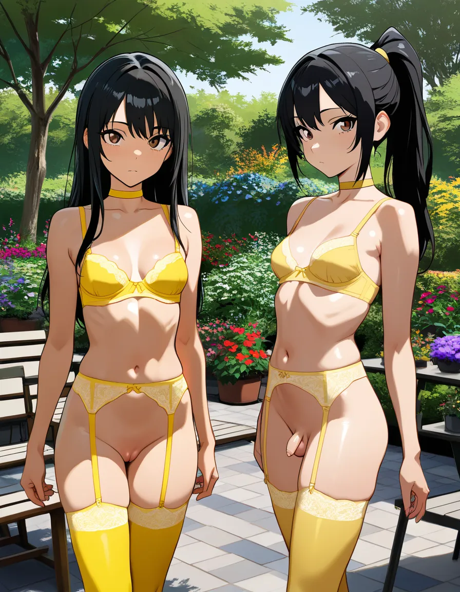 ((COMICBOOK STYLE)), masterpiece, best quality, amazing quality, very awa,
BREAK outdoors, garden, garden furniture,
BREAK Japanese crossdresser, small penis, flaccid, ((foreskin,)) long hair, black hair, ponytail, brown eyes, yellow bra, yellow thigh highs, yellow garter belt, yellow choker, naked, sexy, presenting her asshole, anus,, hentai_studio_quality