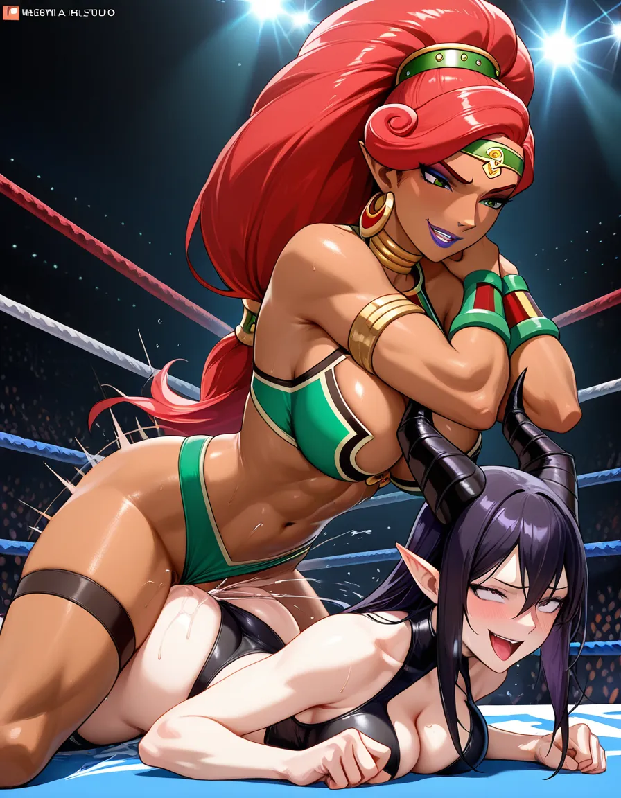 2girls , yuri sex , wrestling_ring , maleficent evil_smile headlock strapon , urbosa_on_stomach prone_bone orgasm squirting,, hentai_studio_quality, hentai_studio_quality, hentai_studio_quality