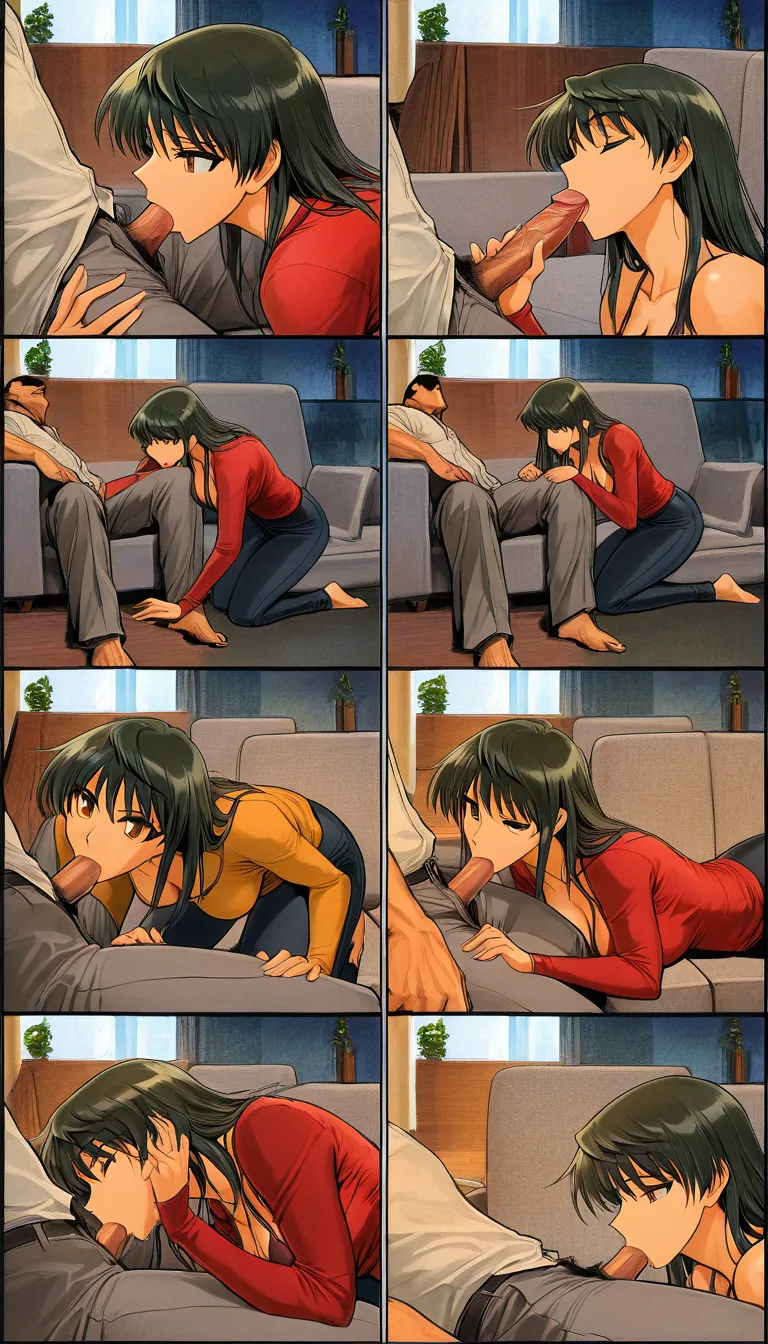 Art in the style of *School Rumble*, masterpiece, best quality, ultra-detailed, fine texture details, rich colors, sharp focus, manga page, comic page, multi-panel layout, professional composition. A female teacher performs fellatio on a male high school student who is sitting on a sofa in his living room. She is kneeling on the floor in front of him, meticulously sucking his penis. He ejaculates into her mouth, his face showing an expression of intense pleasure. She swallows the semen, her throat bobbing as she does so. Dynamic composition, Japanese sound effects, Japanese speech bubbles., hentai_studio_quality