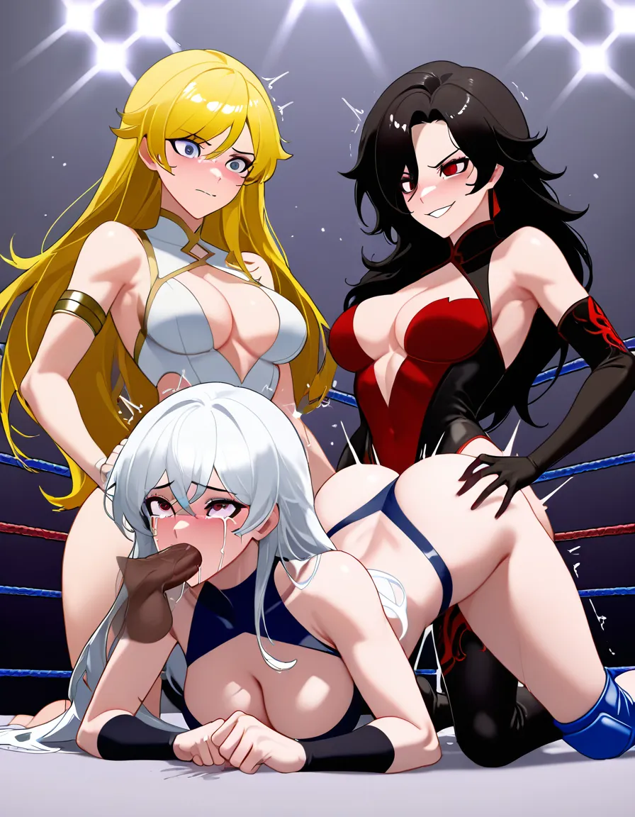 (Salem_(rwby)-white_hair_evil_smile), center_opening (@sailor_venus-blonde_hair-giving_oral_fellatio long_hair terrified_and_scared on_all_fours crying) , cinder_fall_(rwby)_black_hair naughty_face , 3girls yuri sex , wrestling_ring, wrestling orgasm pussy_juice, defeated, squirting , bruised, nude from_side sweat strap-on vaginal, spitroast_position all_fours kneeling, strap-on oral fellatio , head_grab,, scratches, @sailor_venus runny_makeup skindentation, hentai_studio_quality, hentai_studio_quality, hentai_studio_quality, hentai_studio_quality, hentai_studio_quality