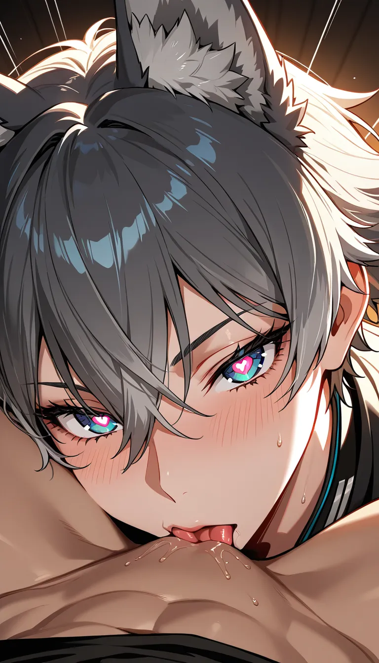 animal_ears male_focus licking wolf_ears wolf_boy close-up anime human_face cunnilingus clothed_sex heart-shaped_pupils pov