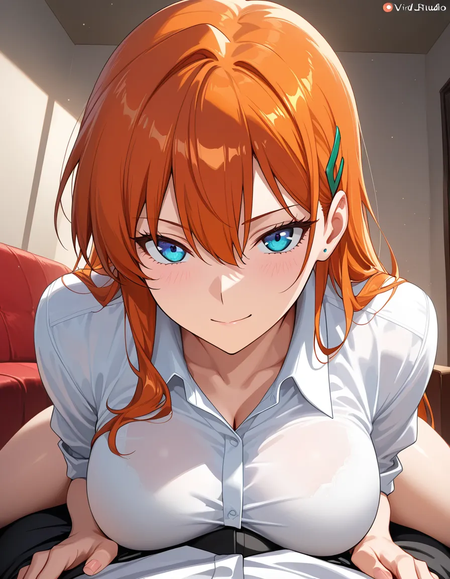 masterpiece, best quality, couple, collared shirt, facesitting, POV, vivid anime colors, hentai_studio_quality