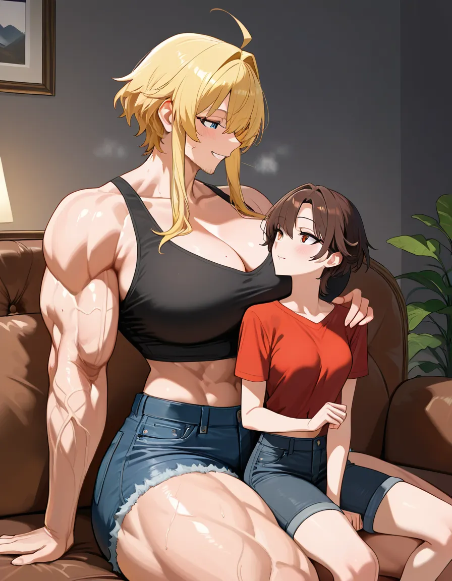 Giant muscular_female, petite man stubble, adults, big size_difference, huge height_difference, female blonde_hair short_hair_with_long_locks , female sitting on_couch , shirt, female crop_top denim_shorts , assertive_female , dominant female looking_at_another, male sitting_on_lap, intimate, teasing, nervous blush male looking_up , female leaning_back , male sitting_on_person, male legs_up , male black medium_hair, female abs, female big biceps, female big shoulders, female thick_thighs, female huge_ass, female wide_hips, huge_breasts, gigantic tall female, bulging nipples, male sitting_on_lap , male bulge, male narrow_waist, lightweight male, domination, eye_contact, hentai_studio_quality