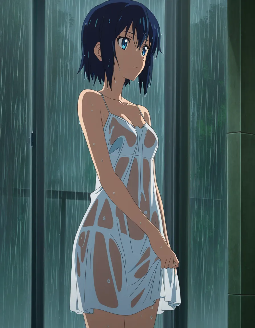 girl standing in the rain wearing a dress, getting wet making the cloth see through, (anime style:1.3), 2d, anime screencap, cel shading, flat color