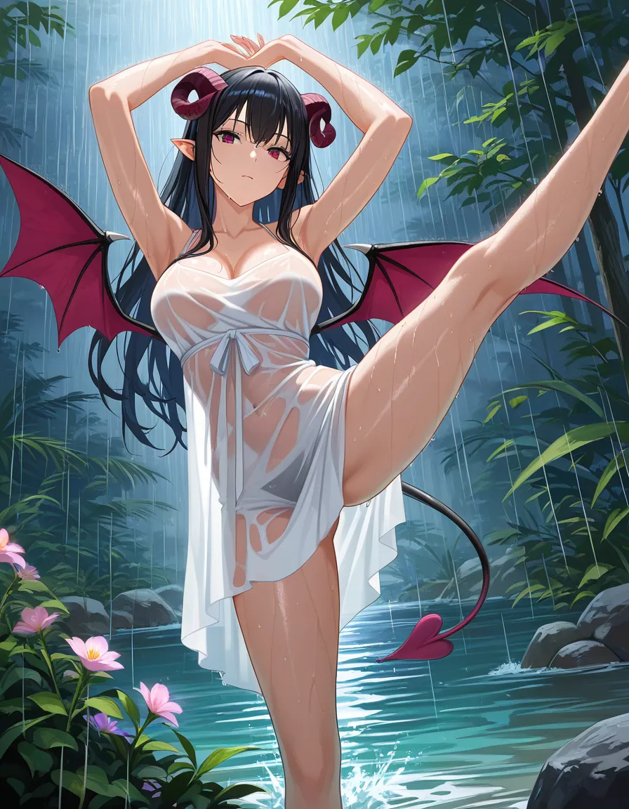 girl standing in the rain wearing a dress, getting wet making the cloth see through
masterpiece, clean art, succubus, arms up, flower, leg up, , doujin style, hentai_studio_quality