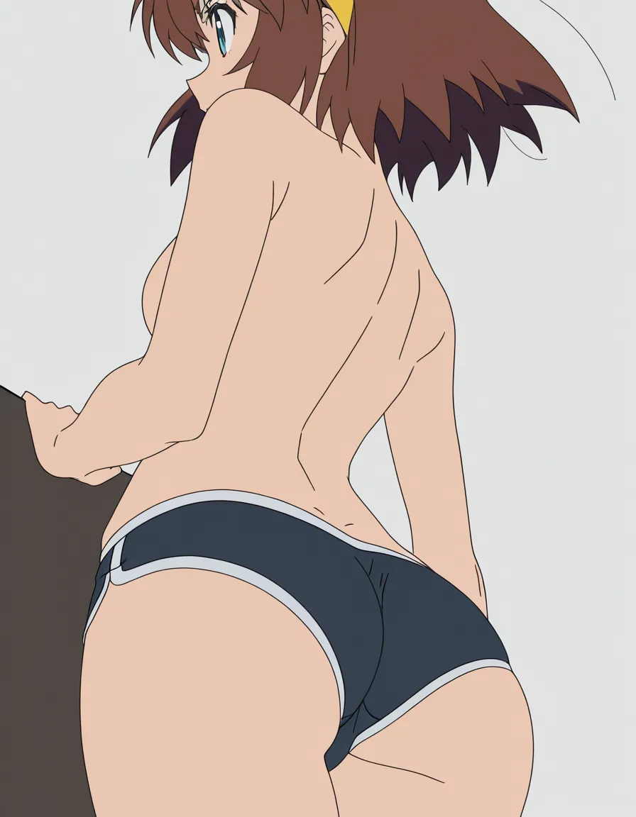 masterpiece, best quality, 1other, topless, ass, hairband, white background, visual novel art, (anime style:1.3), 2d, anime screencap, cel shading, flat color, @00osamio00