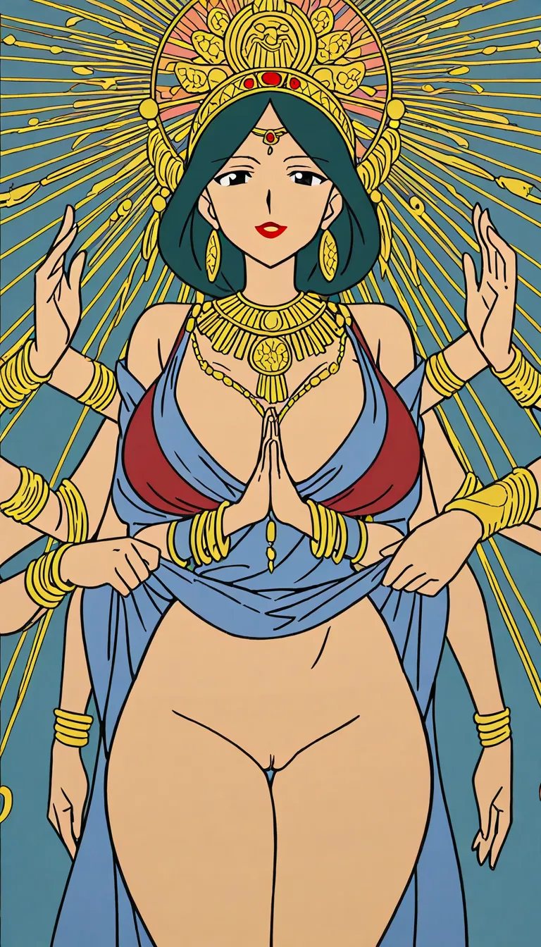 1 Adult Mother Goddess with multiple arms, ethnicity Hindu, Bengali, Indian, red lipstick, symmetrical body anatomy, Big chest, Thick thighs and arms, thick pelvis, traditional indian clothing, upskirt , no_panties , pussy, Adorned Heavily in Indian Ornaments, black almond shaped eyes with fine long eyelashes, eyeliner , saree over head, long black_hair with midpart hairstyle, POV Sex, front profile, cowgirl_position riding , Having sex with viewer, big Mukut Crown, devine radiance, Calm and Graceful Expression, confident smile with hooded eyes, flowers around in Symmetrical order, holding flowers, floral necklace, armlets, bracelets, thighlets, Indian art style with flat 2d colors,
