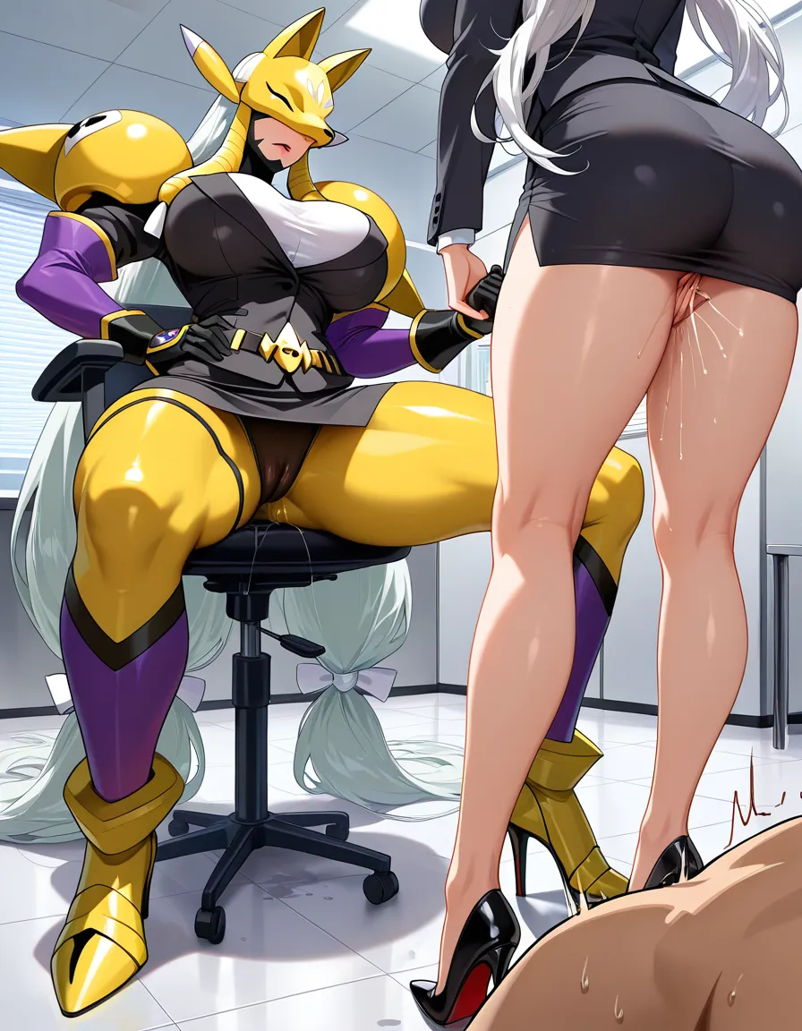 masterpiece, clean art, best_quality, sakuyamon, thick_thighs, large_breasts, long_legs, very_long_hair, white_hair, twintails, hentai_studio_quality, skin_tight, high_heels, office_lady, miniskirt, pussy_juice, cameltoe, femdom, ballbusting, kicking, ejaculation, defined_legs, hentai_studio_quality