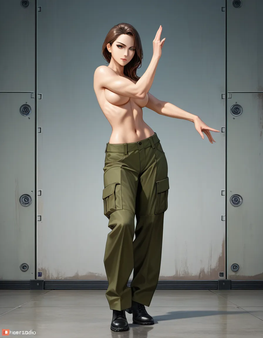 professional photo, high detail, brunette woman, midriff, long sleeves, standing pose, topless, military, cinematic realism, hentai_studio_quality